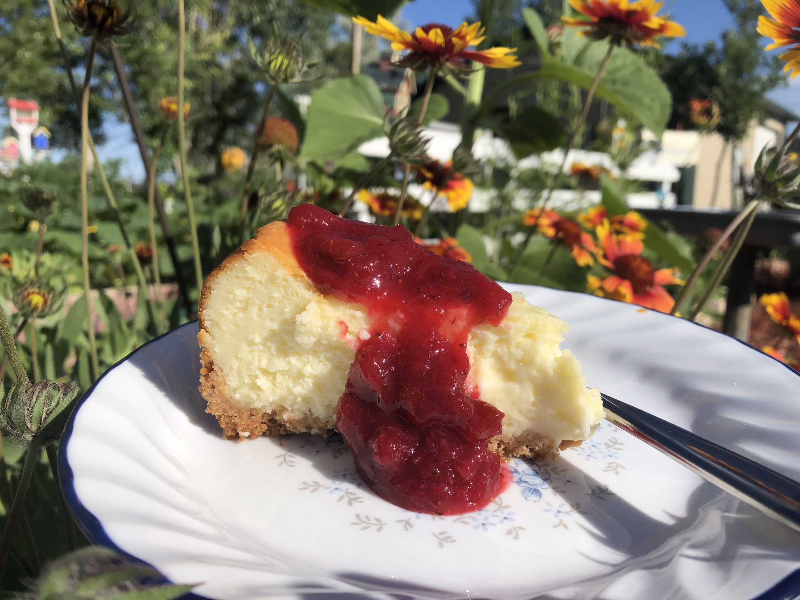 lemon-cheesecake-with-rhubarb-strawberry-sauce